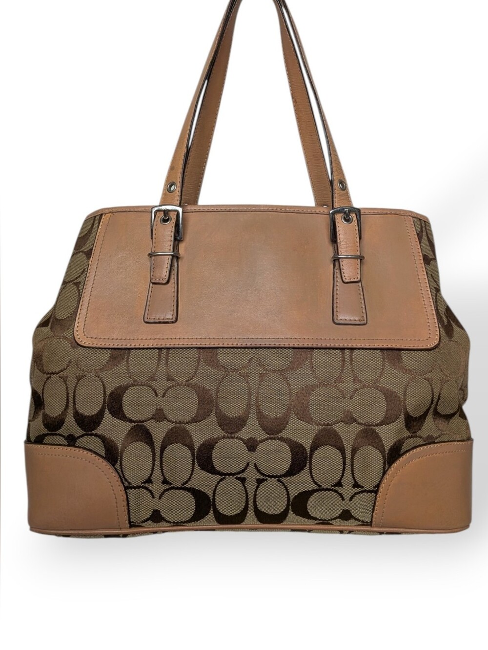 Coach Signature Hampton Vintage Tote Jacquard Canvas Leather Khaki Tan Bag 2003